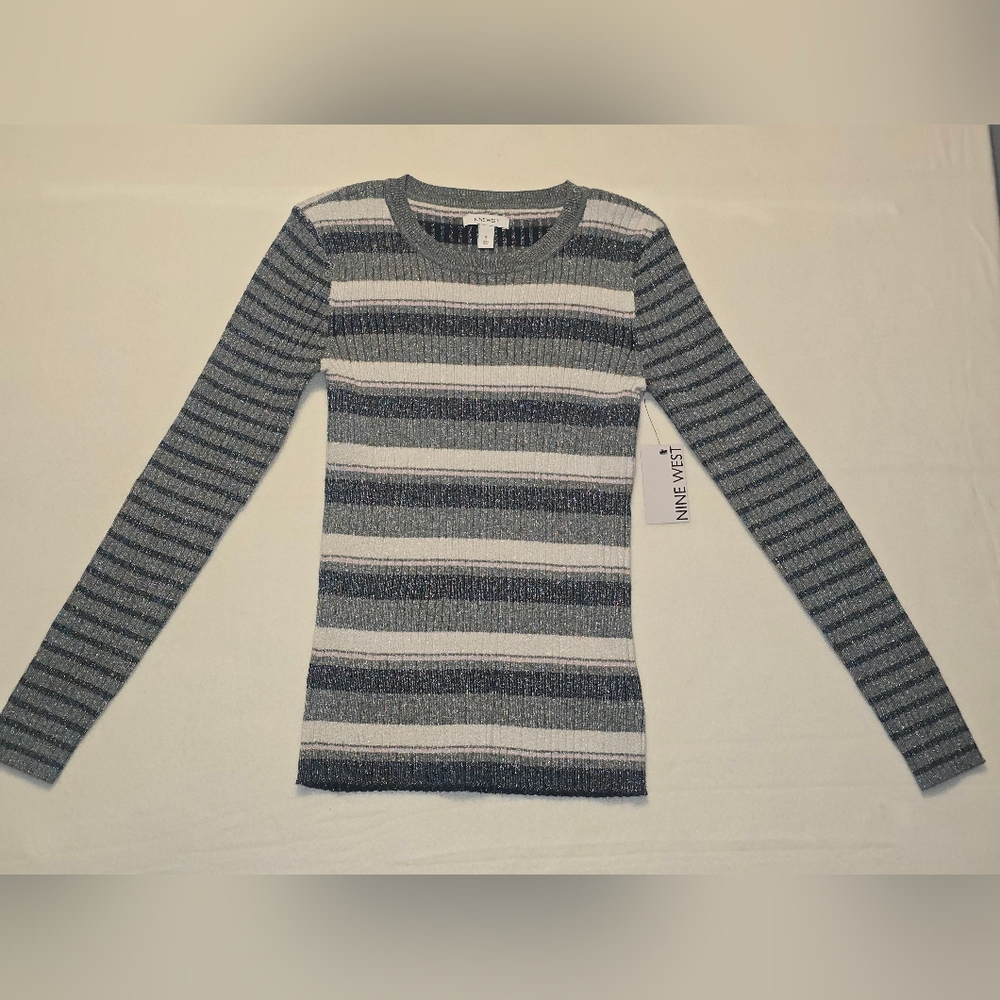 Nine West Gray and White Striped Sweater